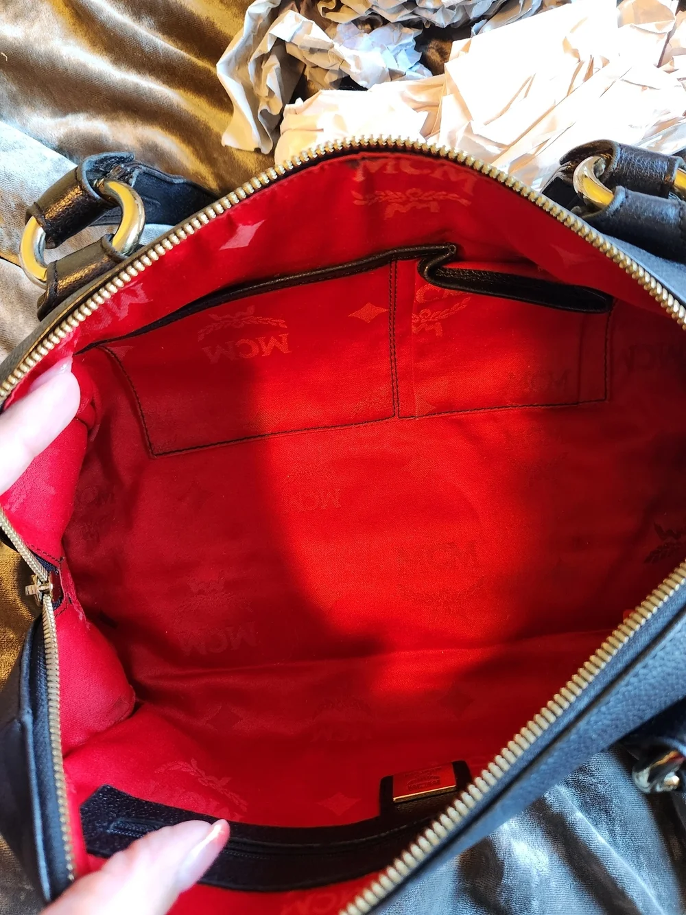 MCM Black Leather Barrel Bag with Gold Hardware